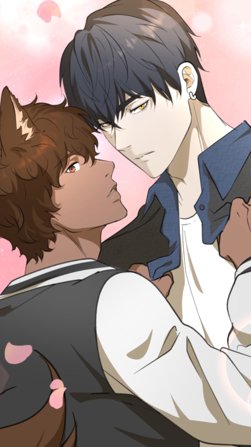 Words Left Unspoken phone wallpaper with Kenta and James against a pink background